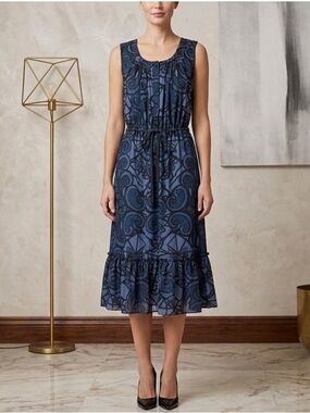 Banana Republic Blue Scroll Lace Print Midi Dress Ruffle Hem Size 8 Minimalist